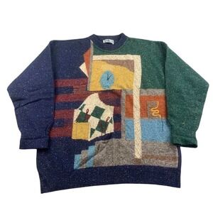 Vintage Mimi Spirit Sweater Men 52 Abstract Geometric Art Navy Multi Knit Italy